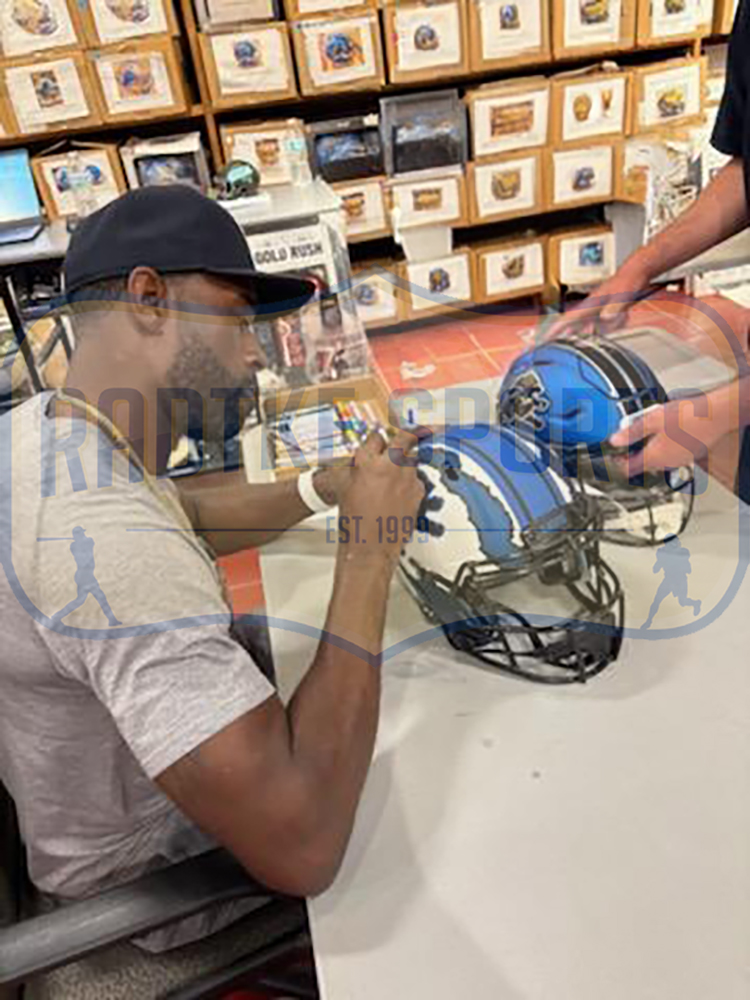Calvin Johnson Signed Detroit Lions Speed Full Size Alternate 2024 Dark Blue NFL Helmet - Image 3