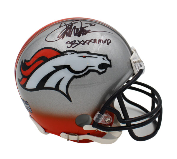 Terrell Davis Signed Denver Broncos Custom Silver NFL Mini Helmet with "SB XXXII MVP" Inscription - Image 2