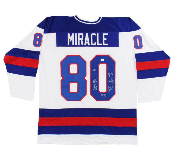 Mulit-Signed 1980 USA Custom White Miracle On Ice NHL Jersey with 7 Signatures including Buzz Schneider, Dave Christian