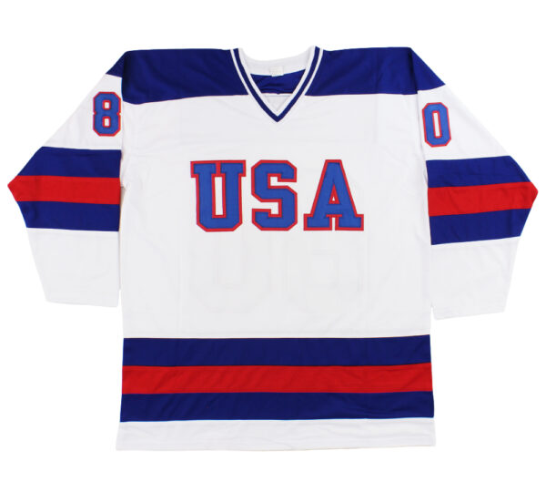 Mulit-Signed 1980 USA Custom White Miracle On Ice NHL Jersey with 7 Signatures including Buzz Schneider, Dave Christian - Image 3