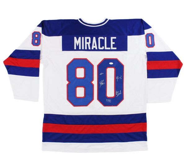 Multi-Signed 1980 USA Custom White Miracle On Ice NHL Jersey signatures include Dave Silk, Steve Janaszak, and Eric Strobel