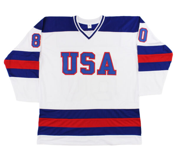 Multi-Signed 1980 USA Custom White Miracle On Ice NHL Jersey signatures include Dave Silk, Steve Janaszak, and Eric Strobel - Image 3