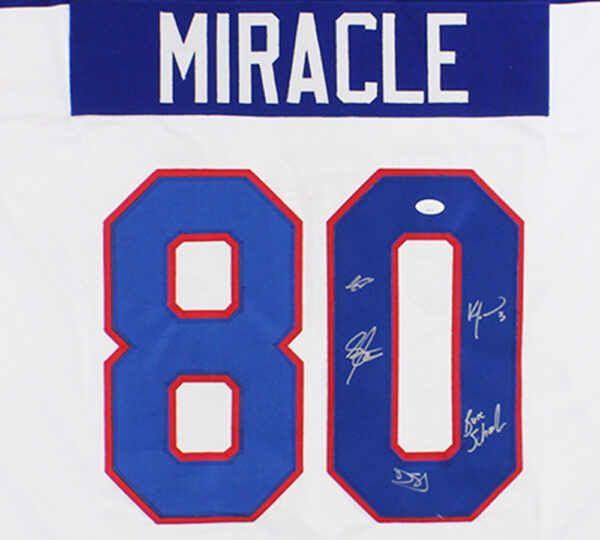 Multi-Signed 1980 USA Custom White Miracle On Ice NHL Jersey signatures include Dave Silk, Steve Janaszak, and Eric Strobel - Image 2