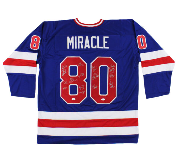 Multi-Signed 1980 USA Custom Blue Miracle On Ice NHL Jersey with 15 Signatures Including Buzz Schneider & Neal Broten