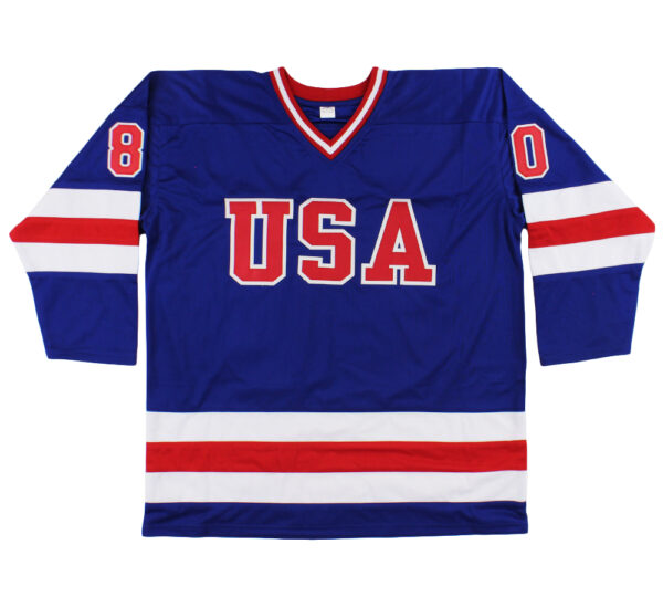 Multi-Signed 1980 USA Custom Blue Miracle On Ice NHL Jersey with 15 Signatures Including Buzz Schneider & Neal Broten - Image 3