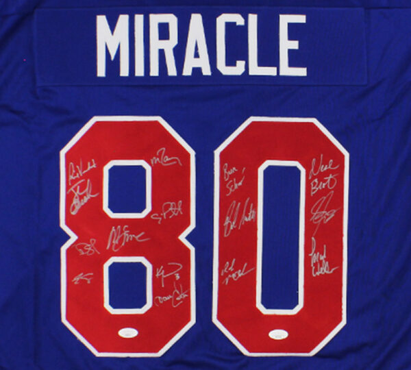 Multi-Signed 1980 USA Custom Blue Miracle On Ice NHL Jersey with 15 Signatures Including Buzz Schneider & Neal Broten - Image 2
