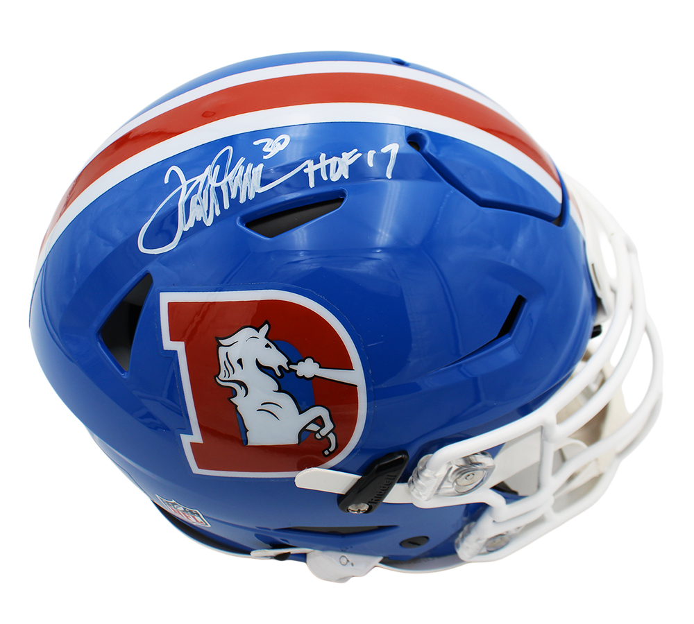Terrell Davis Signed Denver Broncos Speed Flex Authentic Throwback '75-'96 Blue NFL Helmet with "HOF 17" Inscription - Image 2