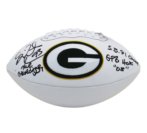 Gilbert Brown Signed Green Bay Packers Embroidered White Football with "The Gravedigger, SB 31 Champ, GBP HOF '08" Inscription