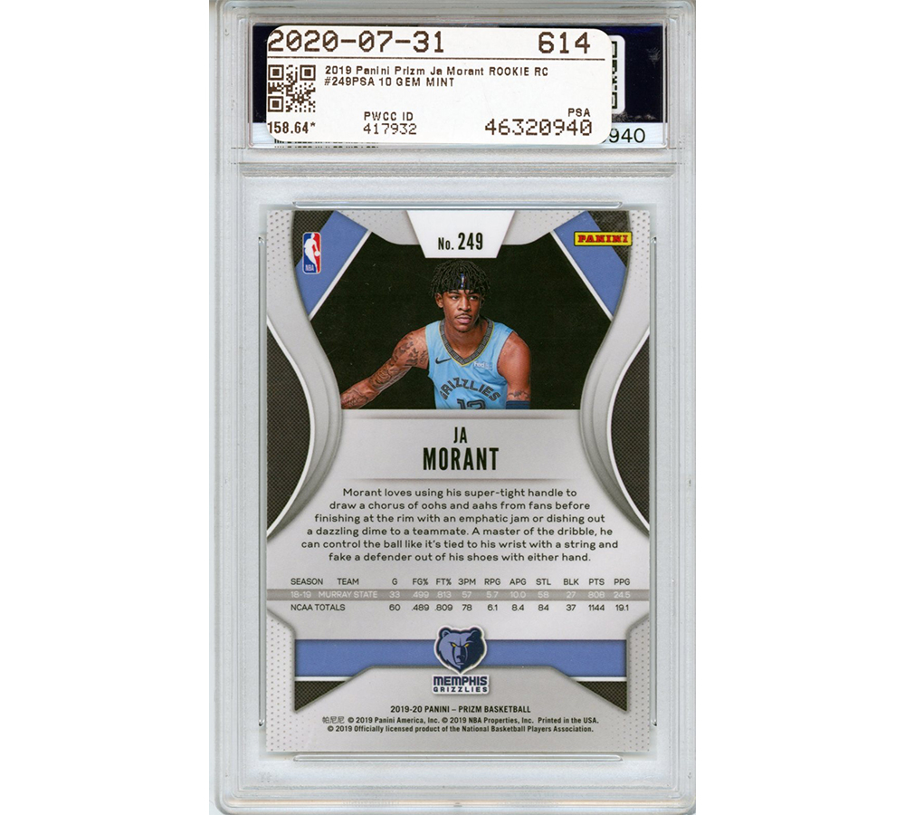 Ja Morant Memphis Grizzlies 2019 Panini Prizm #249 Gem Mint 10 Graded Encapsulated Card - Image 2
