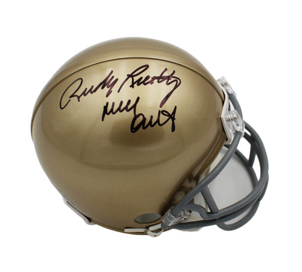Rudy Ruettiger Signed Notre Dame Fighting Irish VSR4 NCAA Mini Helmet with "Never Out" Inscription