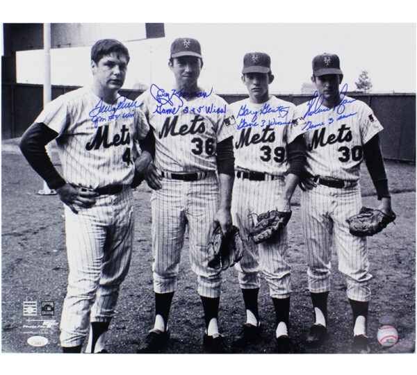 Tom Seaver, Gary Gentry, Jerry Koosman and Nolan Ryan Signed New York Mets Unframed 16x20 B&W MLB Photo with Game Inscriptions