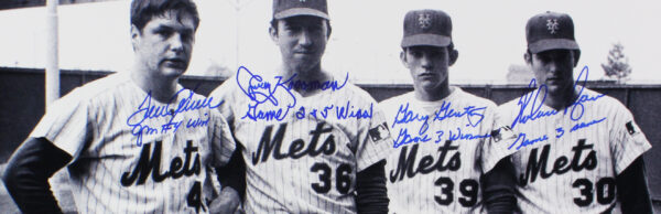 Tom Seaver, Gary Gentry, Jerry Koosman and Nolan Ryan Signed New York Mets Unframed 16x20 B&W MLB Photo with Game Inscriptions - Image 2