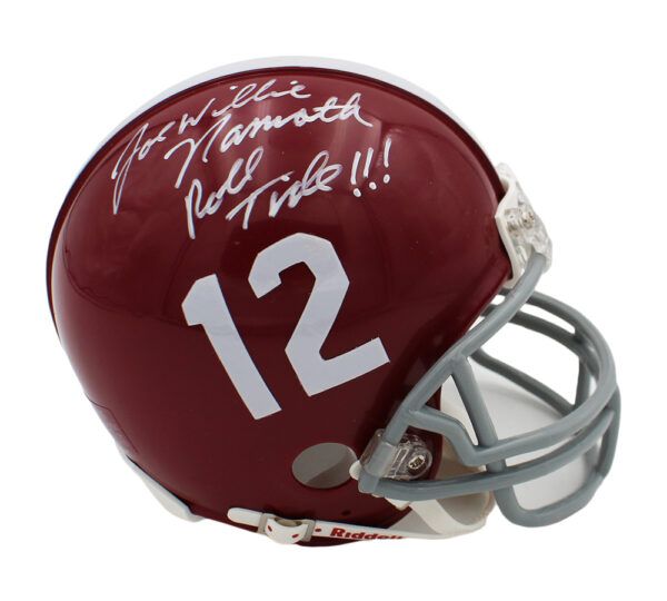 Joe Willie Namath Signed Alabama Crimson Tide VSR4 Throwback NCAA Mini Helmet with "Roll Tide" Inscription - Image 2