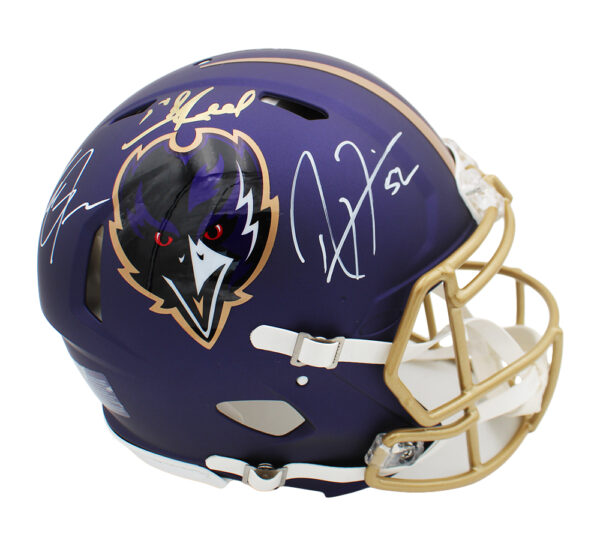 Ray Lewis, Ed Reed, and Terrell Suggs Signed Baltimore Ravens Speed Authentic Alternate Purple NFL Helmet - Image 2
