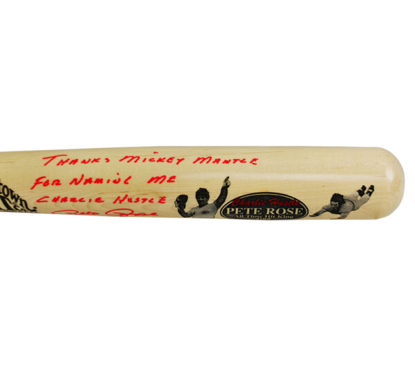 Pete Rose Signed Cincinnati Reds Cooperstown Engraved Blonde MLB Bat with "Thank You Mickey Mantle for Naming Me Charlie Hustle" Inscription - Image 4