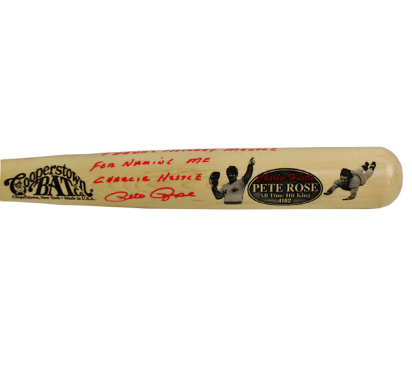 Pete Rose Signed Cincinnati Reds Cooperstown Engraved Blonde MLB Bat with "Thank You Mickey Mantle for Naming Me Charlie Hustle" Inscription - Image 3