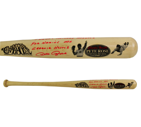 Pete Rose Signed Cincinnati Reds Cooperstown Engraved Blonde MLB Bat with "Thank You Mickey Mantle for Naming Me Charlie Hustle" Inscription