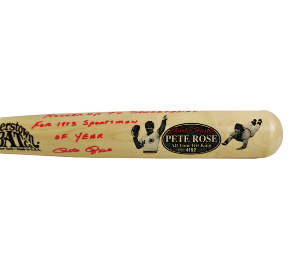 Pete Rose Signed Cincinnati Reds Cooperstown Engraved Blonde MLB Bat with "Runner Up to Secretariat For 1873 Sportsman of the Year" Inscription - Image 3