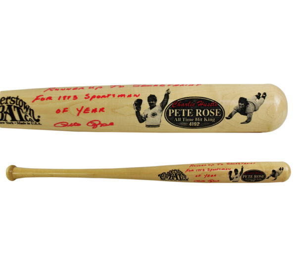 Pete Rose Signed Cincinnati Reds Cooperstown Engraved Blonde MLB Bat with "Runner Up to Secretariat For 1873 Sportsman of the Year" Inscription