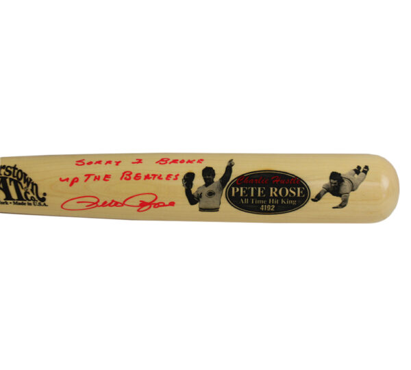 Pete Rose Signed Cincinnati Reds Cooperstown Engraved Blonde MLB Bat - Red Ink with "Sorry I Broke Up The Beatles" Inscription - Image 3