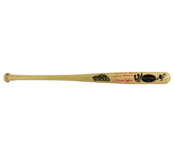 Pete Rose Signed Cincinnati Reds Cooperstown Engraved Blonde MLB Bat - Red Ink with "Sorry I Broke Up The Beatles" Inscription - Image 2