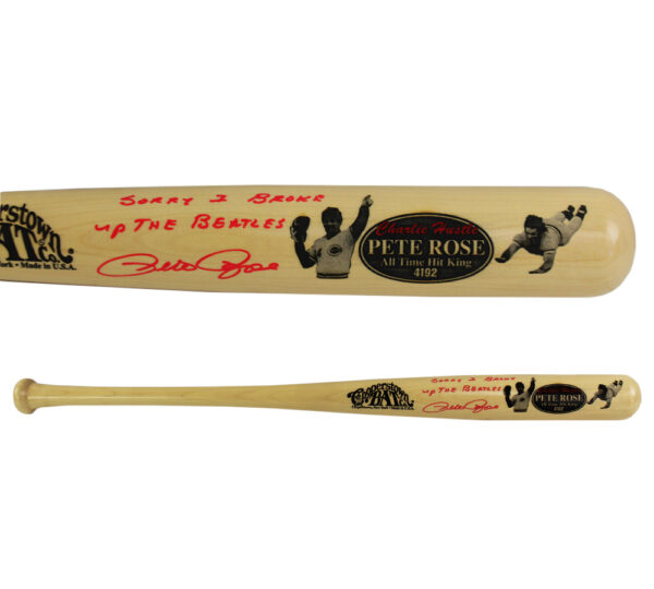 Pete Rose Signed Cincinnati Reds Cooperstown Engraved Blonde MLB Bat - Red Ink with "Sorry I Broke Up The Beatles" Inscription
