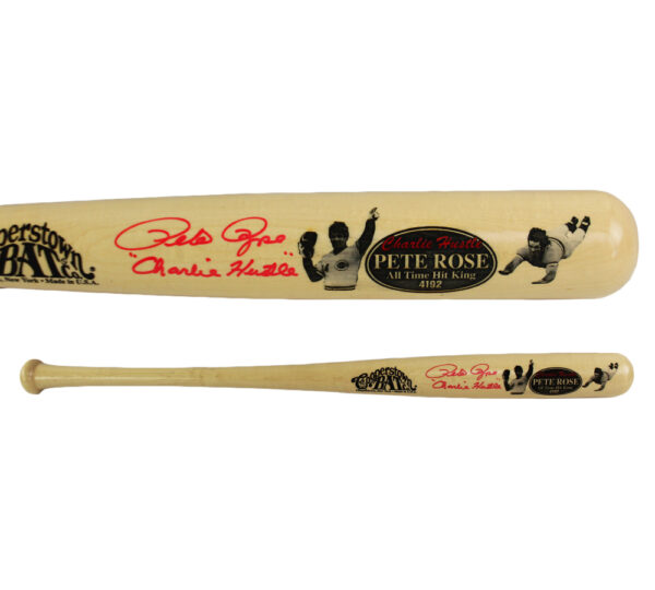 Pete Rose Signed Cincinnati Reds Cooperstown Engraved Blonde MLB Bat with "Charlie Hustle" Inscription