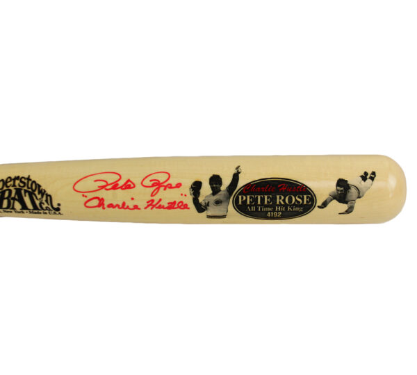 Pete Rose Signed Cincinnati Reds Cooperstown Engraved Blonde MLB Bat with "Charlie Hustle" Inscription - Image 3
