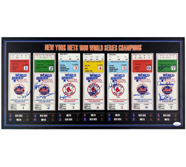 1986 New York Mets Team Signed Unframed 12x24 MLB World Series Ticket Board Signatures includeing Terry Leach, Ed Hearn & Barry Lynons