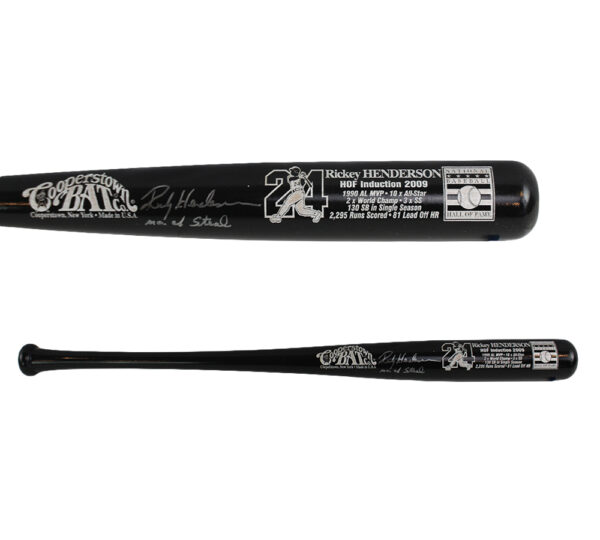 Rickey Henderson Signed Cooperstown Hall of Fame Black MLB Bat with "Man of Steel" Inscriptions