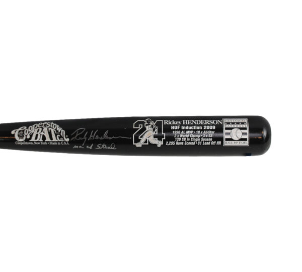 Rickey Henderson Signed Cooperstown Hall of Fame Black MLB Bat with "Man of Steel" Inscriptions - Image 2