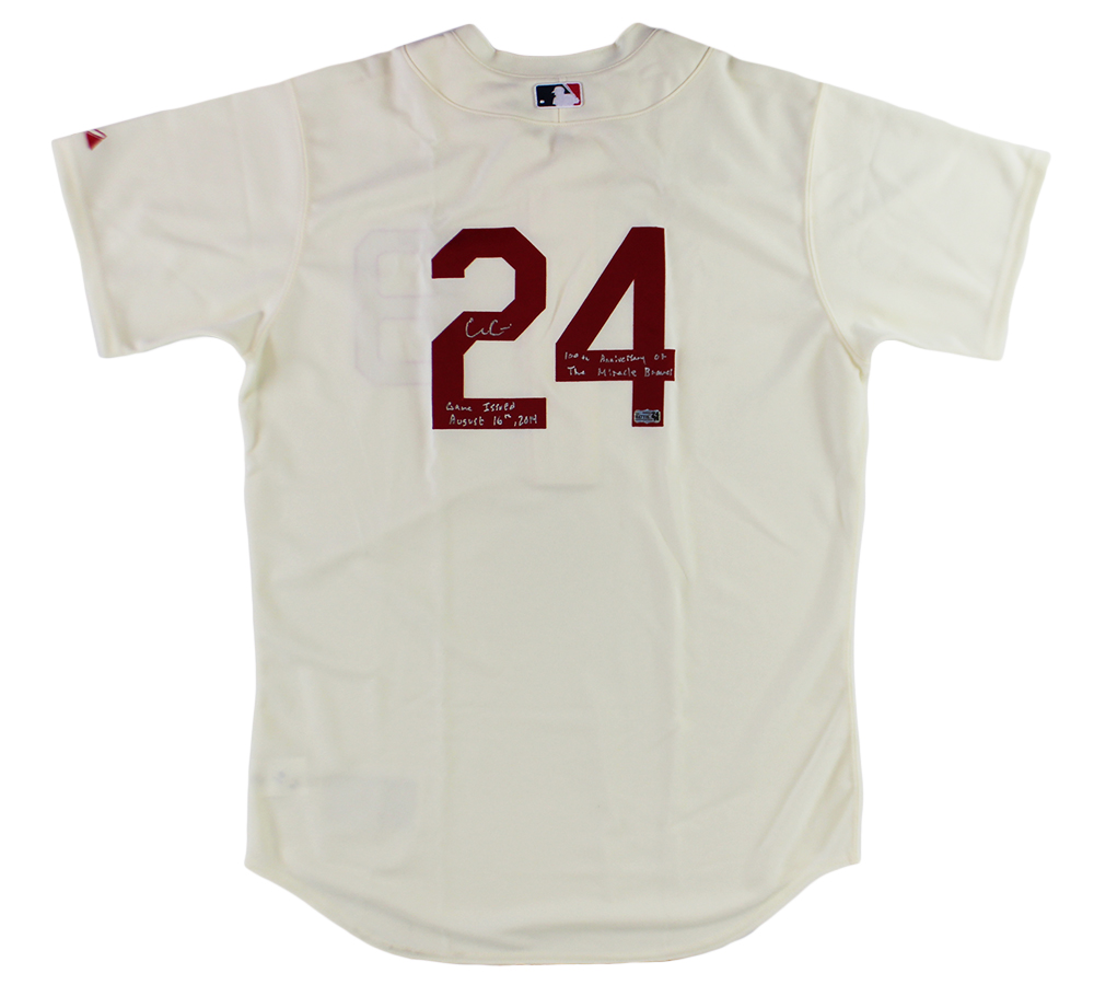 Evan Gattis Signed Game Issued Atlanta Braves Creamy White Jersey with "Game Issued August 16, 2014 & 100th Anniversary of Miracle Braves" Inscription