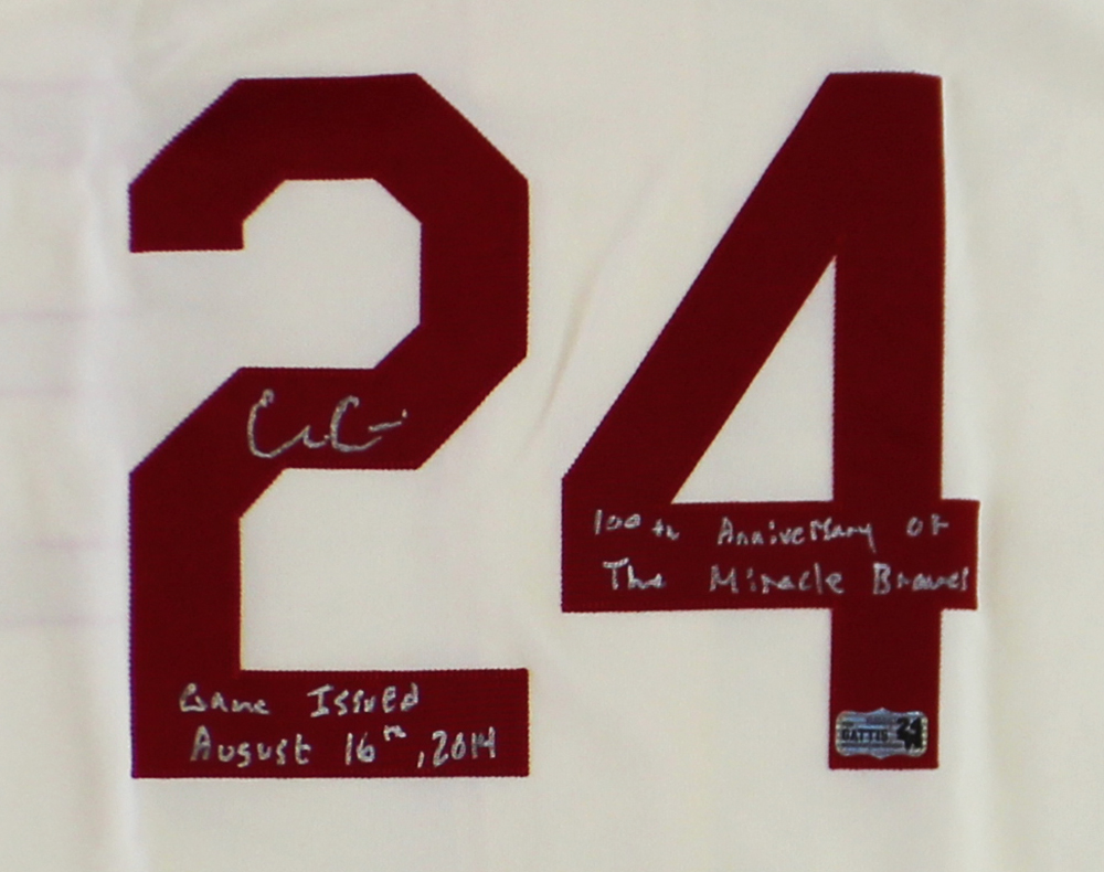 Evan Gattis Signed Game Issued Atlanta Braves Creamy White Jersey with "Game Issued August 16, 2014 & 100th Anniversary of Miracle Braves" Inscription - Image 2