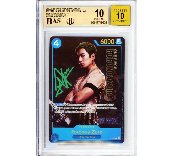 Mackenyu Signed One Piece Roronoa Zoro Straw Hat Crew Live Action Premium - English P-056 Graded 10 PRST/Auto 10 Encapsulated Game Card