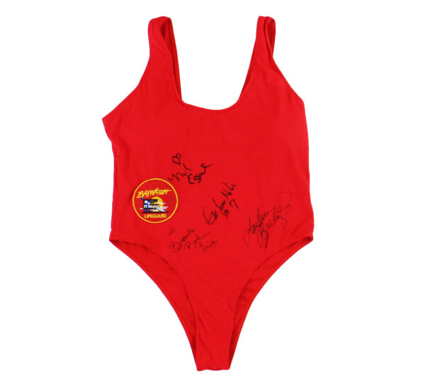 Baywatch Cast Signed Baywatch XL Red Bathing Suit with 4 Signatures Including Gena Lee Nolin & Nicole Eggert