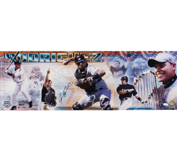 Ivan Rodriguez Signed Miami Marlins Unframed 12x36 Action Shot MLB Pano Photo