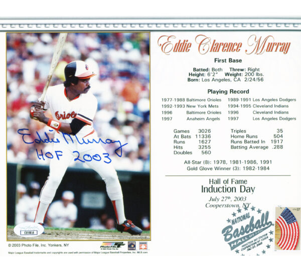 Eddie Murray Signed Baltimore Orioles Unframed 8x10 MLB Induction Card