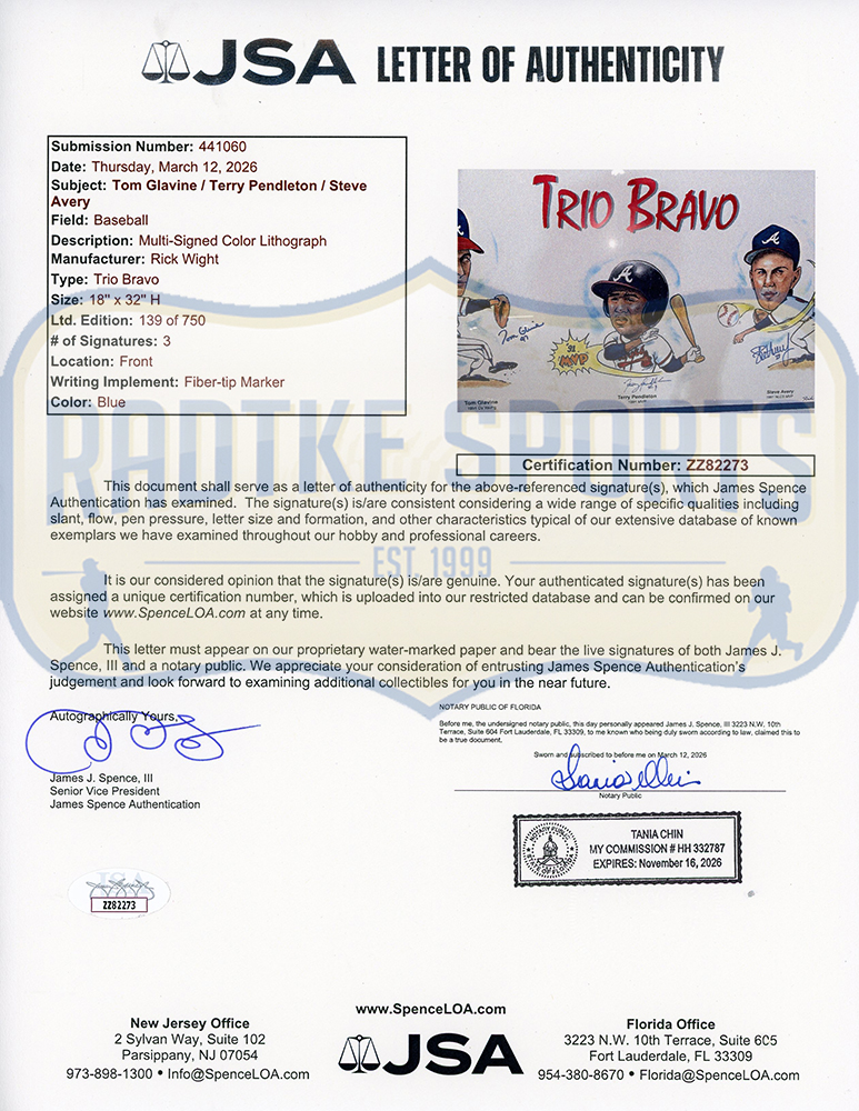 Tom Glavin, Steve Avaery, Terry Pendleton Signed Atlanta Braves Framed 15x29 Braves Trio Artwork - Image 3