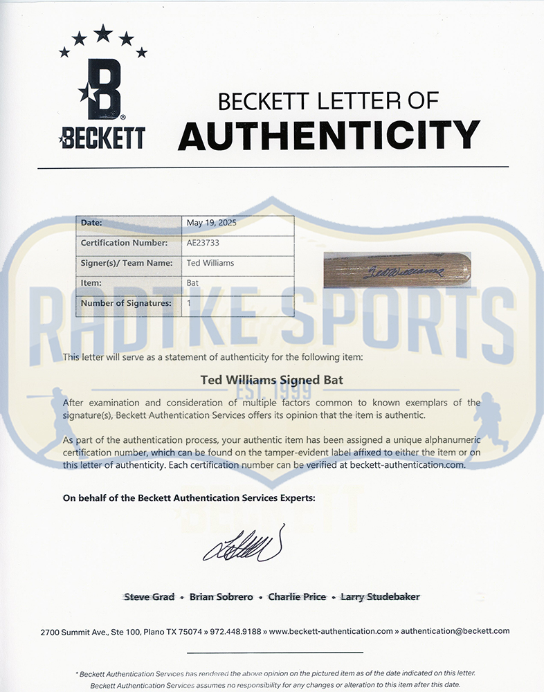 Ted Williams Signed Boston Red Sox Louisville Slugger Limited Edition Hitters Hall of Fame Logo Blonde MLB Bat - Image 6