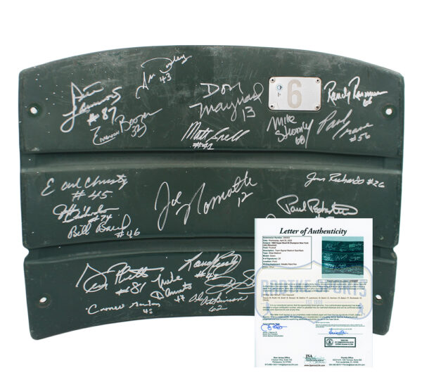 1969 New York Jets Alumni Signed Shea Stadium Green Seatback with 25 Signatures including Joe Namath & Don Maynard