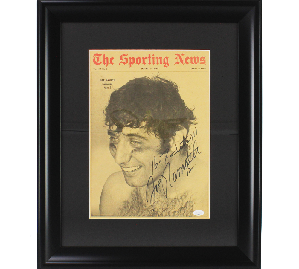 Joe Namath Signed New York Jets Framed Sporting News NFL Newspaper with "16-7 Jets!" Inscription