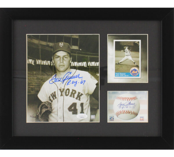 Tom Seaver Signed New York Yankees Framed 8x10 Black and White with Cutout MLB Photo with "ROY 67" Inscription
