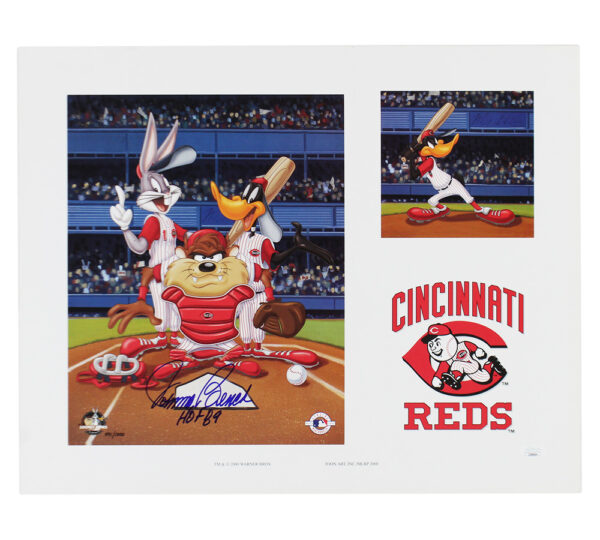 Johnny Bench Signed Cincinnati Reds Unframed 16x20 Looney Tunes MLB Photo with "HOF 89" Inscription