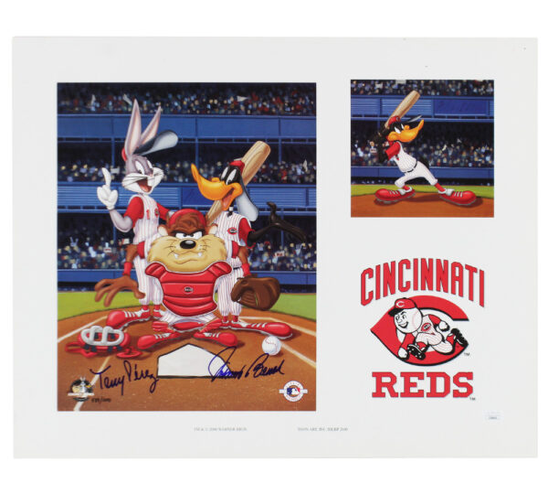 Tony Perez and Johnny Bench Signed Cincinnati Reds Unframed 16x20 Looney Tunes MLB Photo