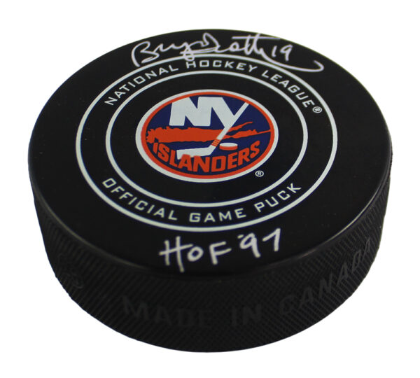 Bryan Trottier Signed New York Islanders Black NHL Hockey Puck with "HOF 97" Inscription - Image 2