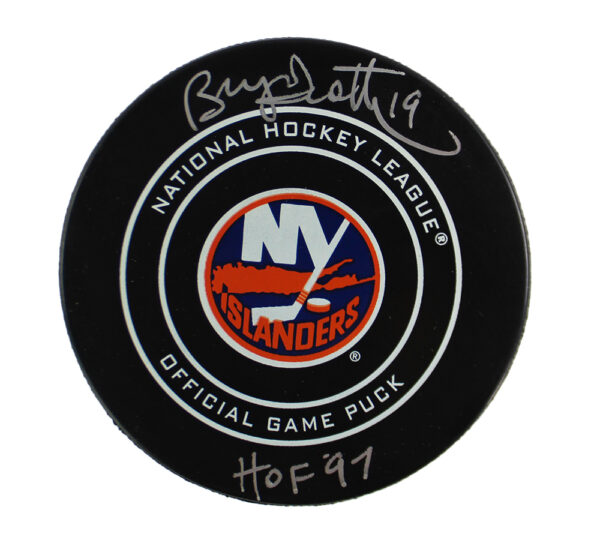 Bryan Trottier Signed New York Islanders Black NHL Hockey Puck with "HOF 97" Inscription