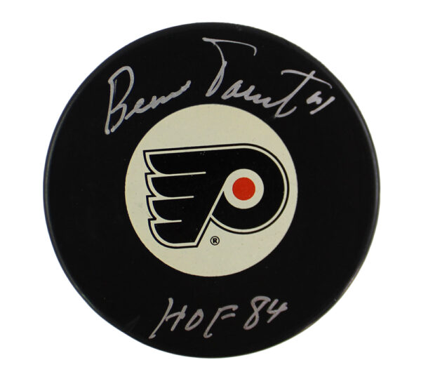 Bernie Parent Signed Philadelphia Flyer Black NHL Hockey Puck with "HOF 84" Inscription