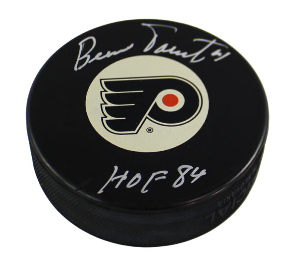 Bernie Parent Signed Philadelphia Flyer Black NHL Hockey Puck with "HOF 84" Inscription - Image 2