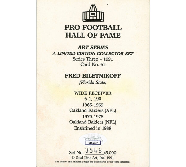Fred Biletnikoff Signed Oakland Raiders Unframed 4x6 NFL Goal Line Art Card - Image 2
