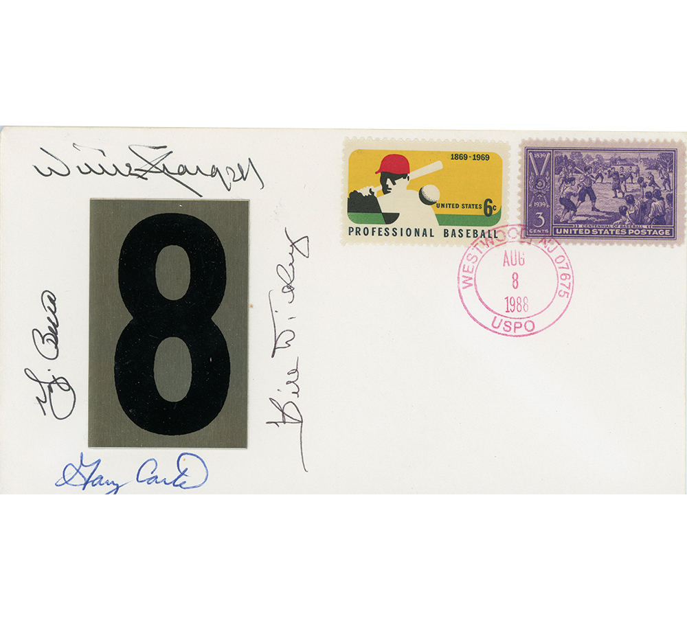 Willie Stargell, Gary Carter, Yogi Berra, Bill Dickey Signed #8 Plaque Stamped 8/8/88 Envelope with MLB Postage Stamps